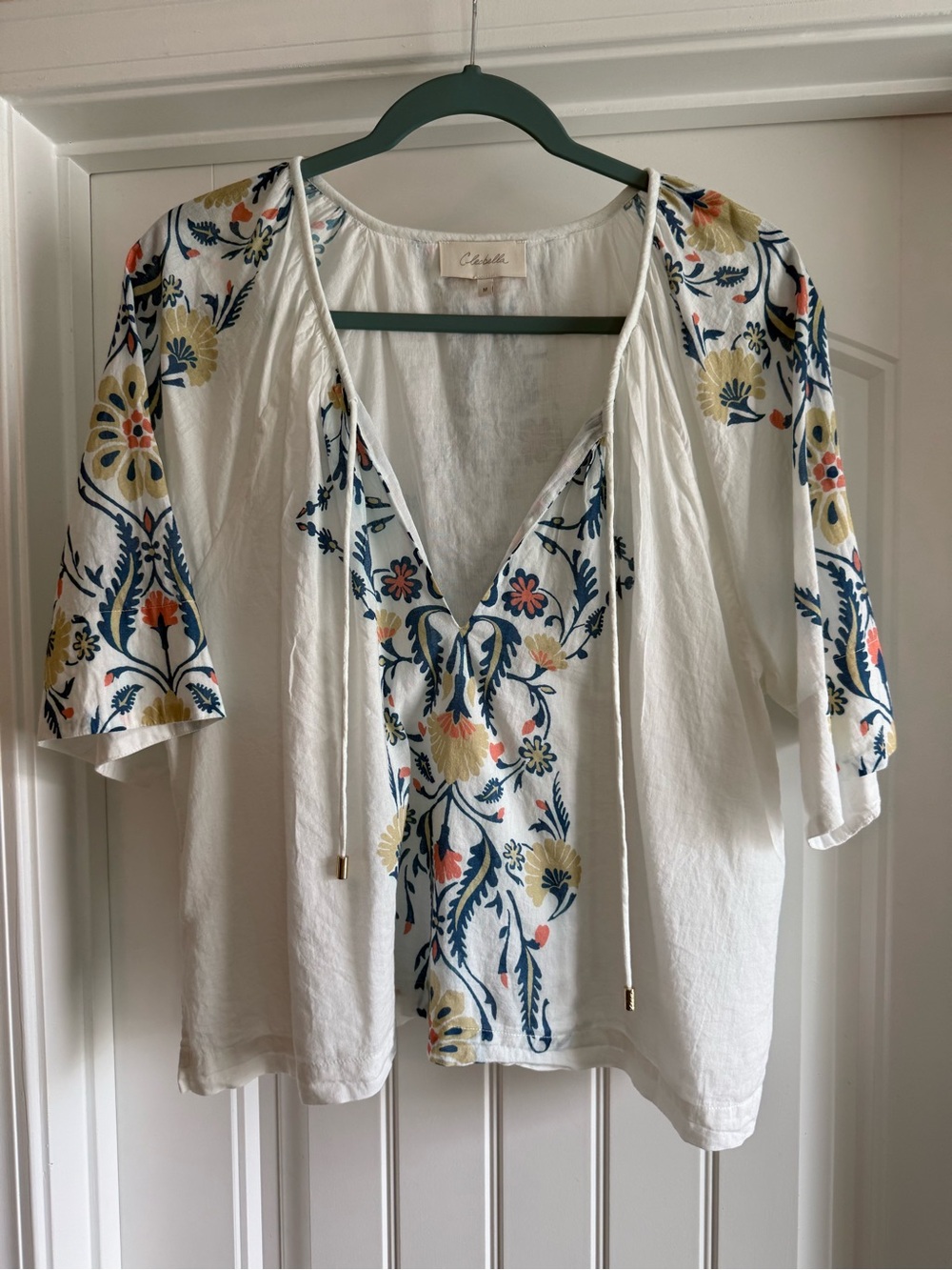 Cleobella white floral tie neck peasant blouse, size M - Picture 4 of 7